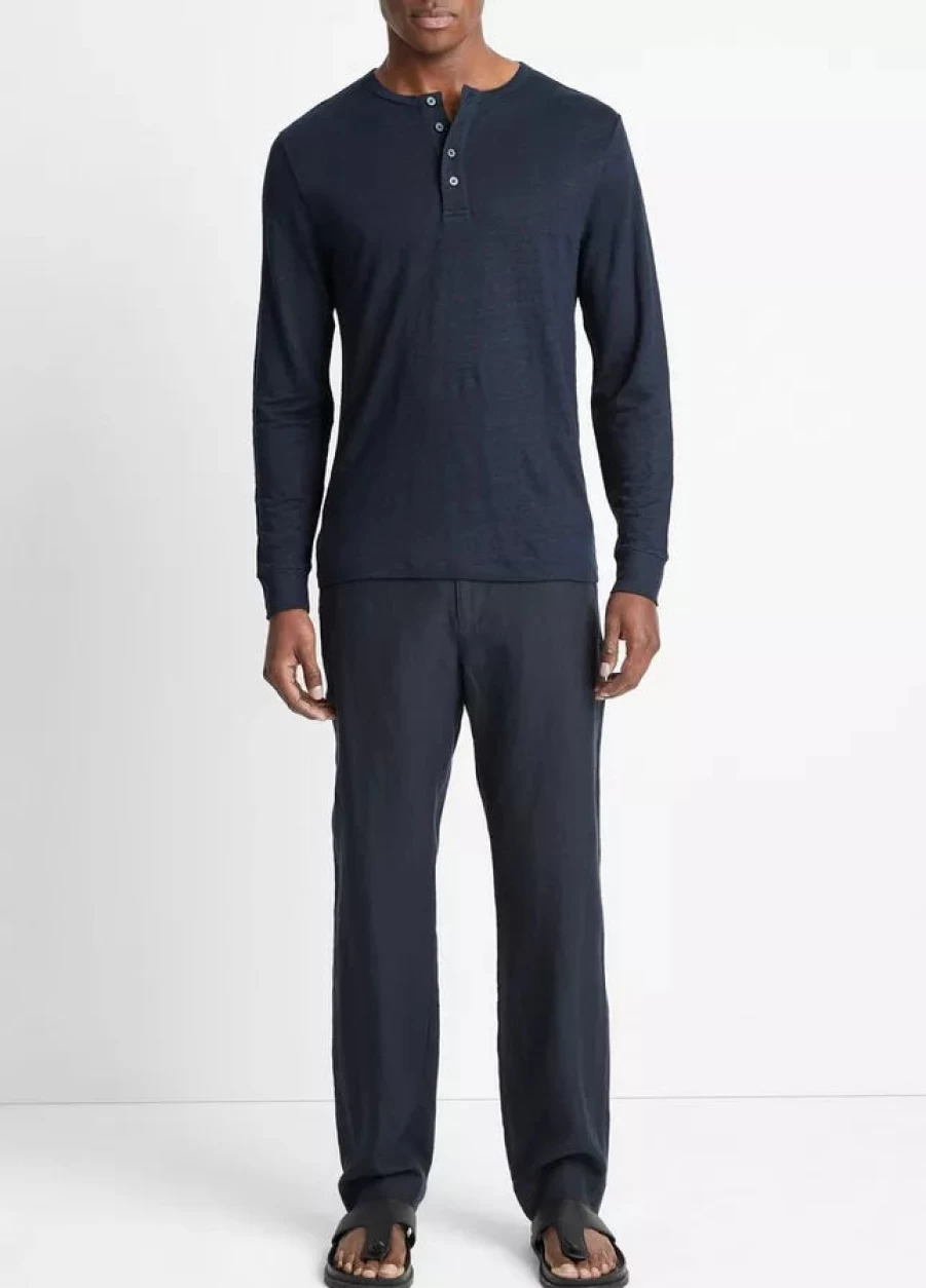 Vince Linen Henley Shirt for Men - Long Sleeve Relaxed Fit Casual Top