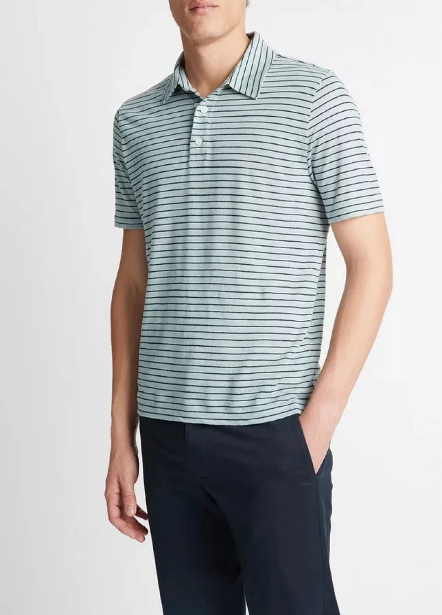 Vince Stripe Linen Short Sleeve Polo Shirt for Men - Breathable Summer Casual Top