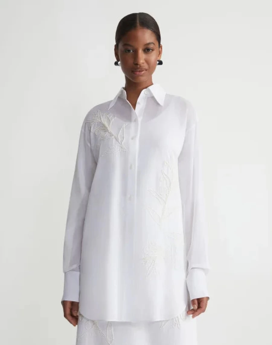 Lafayette 148 New York Eco Flora Embroidered Oversize Sustainable Cotton Blouse